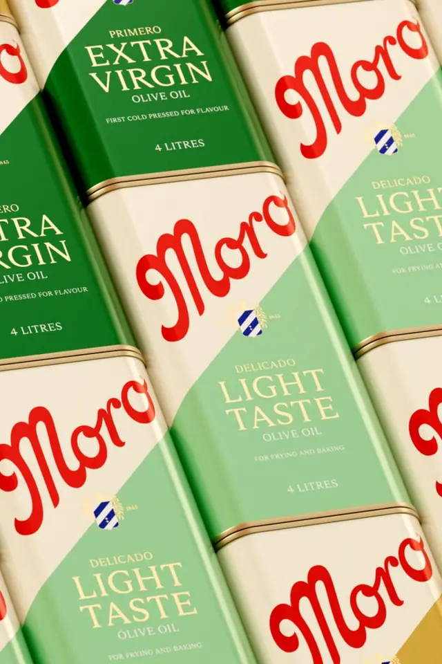 Moro olive oil tins — cream and mint-green diagonal label, red script logo