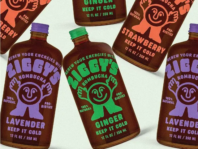 Ziggy's Kombucha amber bottles with colorful pop-art labels