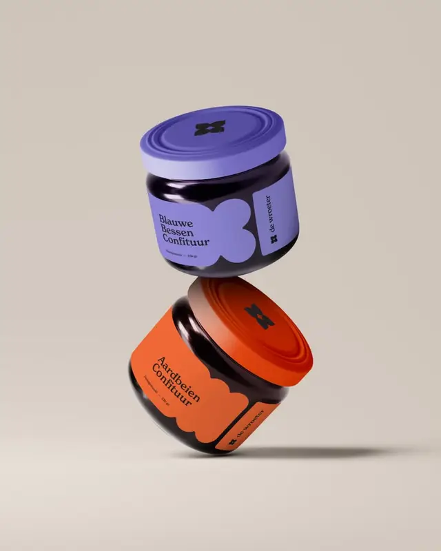 Floating jam jar packaging — purple and orange Dutch labels