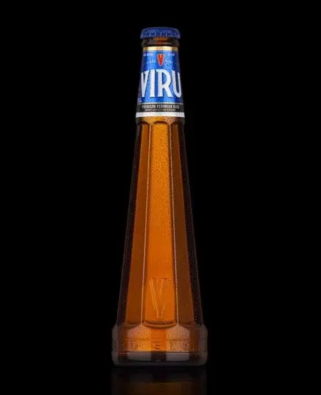 VIRU tall tapered amber beer bottle — studio product shot