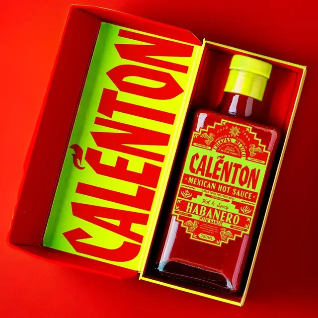 Calenton Habanero Mexican Hot Sauce in neon green and red branded box