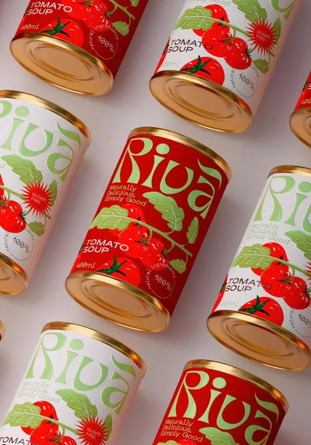 Riva tomato soup — red & white canned packaging mockup (400ml)