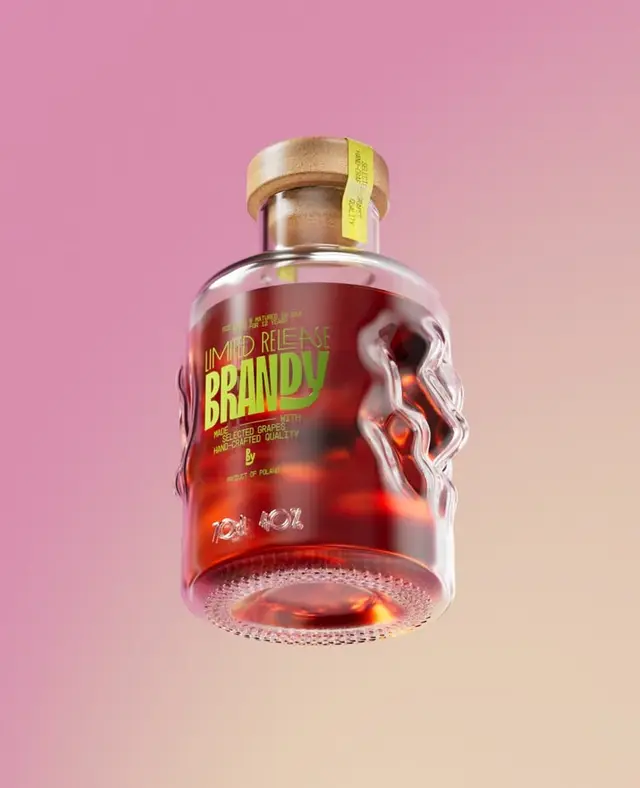 Limited Release Brandy - embossed glass bottle on pink gradient