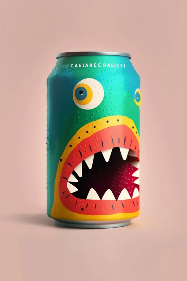 Teal soda can with playful monster face label