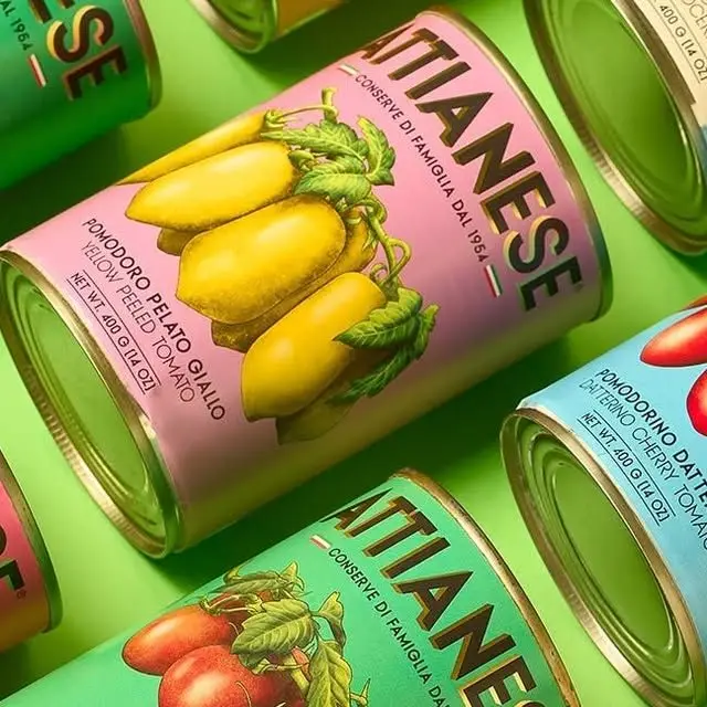 Colorful Italian-style canned tomato labels with botanical illustrations