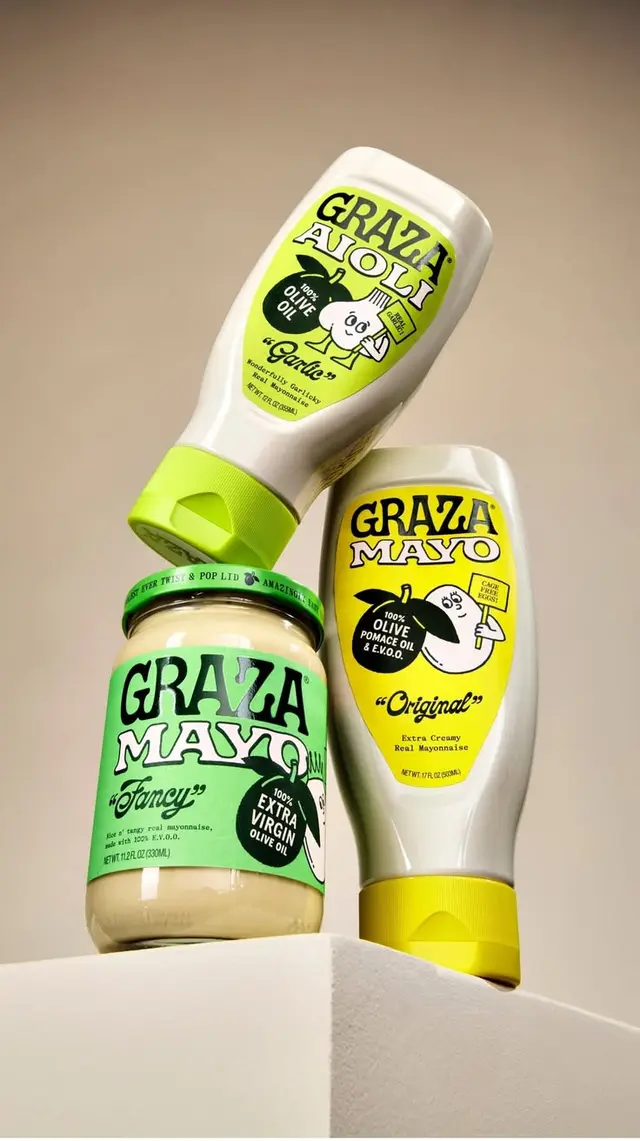 Graza mayonnaise and aioli packaging — stacked product shot