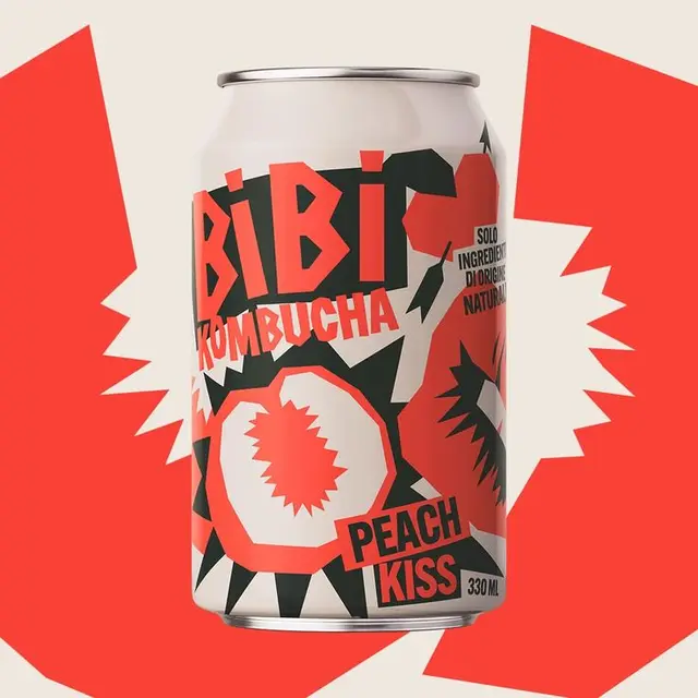 BIBI Kombucha — Peach Kiss aluminum can with bold geometric label