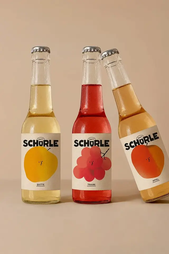 Minimalist Schorle juice bottles with illustrated fruit labels