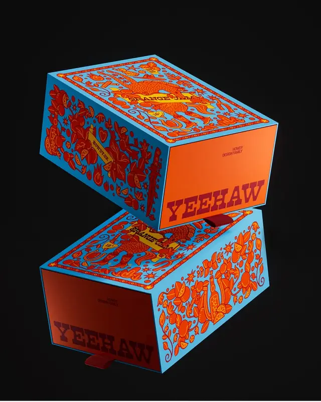 YEEHAW folk‑Western illustrated packaging — cyan & orange box design