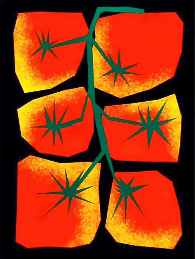 Mid‑century style tomato vine poster — six geometric tomatoes