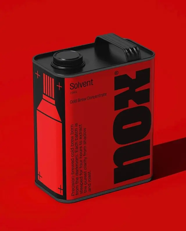 Red metal tin labeled "Solvent" — Cold Brew Concentrate packaging