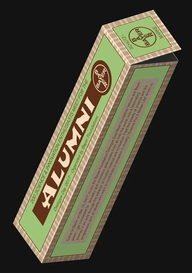 Green vintage-style 3D poster: 'ALUMNI' with Bayer circular logo