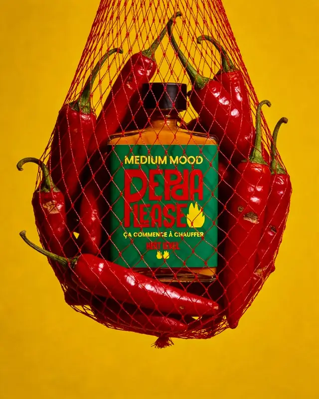MEDIUM MOOD hot sauce jar with red chilies in red mesh on mustard-yellow background