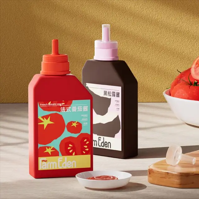 FarmEden squeeze bottles — French tomato and black truffle sauces, product photo