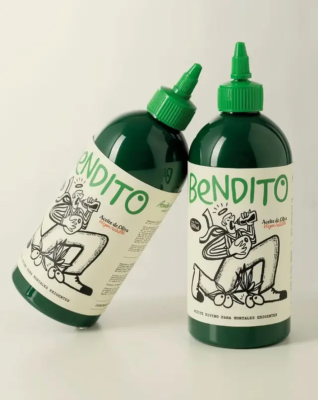 BENDITO olive oil — green squeeze bottles with hand-drawn labels
