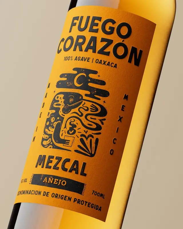 Fuego Corazón Añejo Mezcal — mustard-orange label close-up