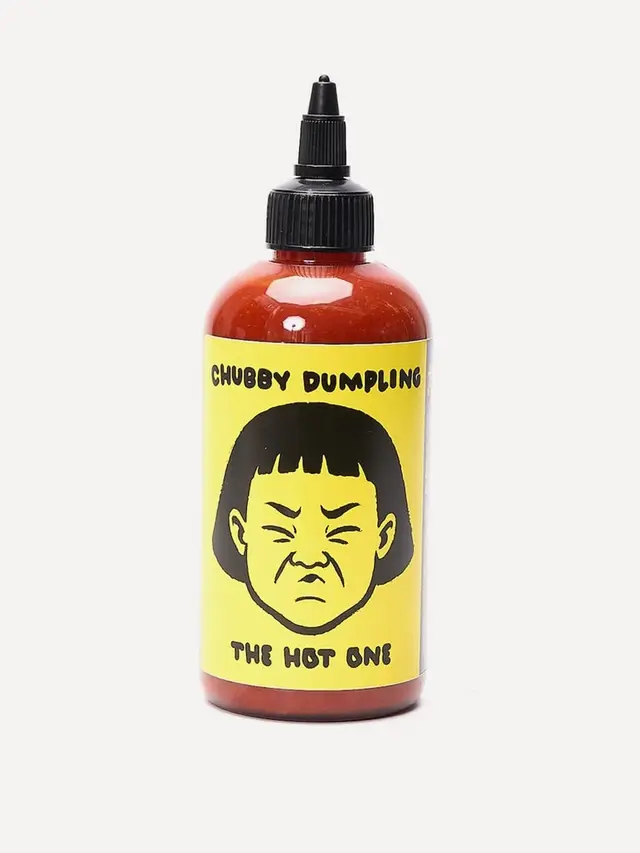 Chubby Dumpling “The Hot One” squeeze bottle — yellow label hot sauce