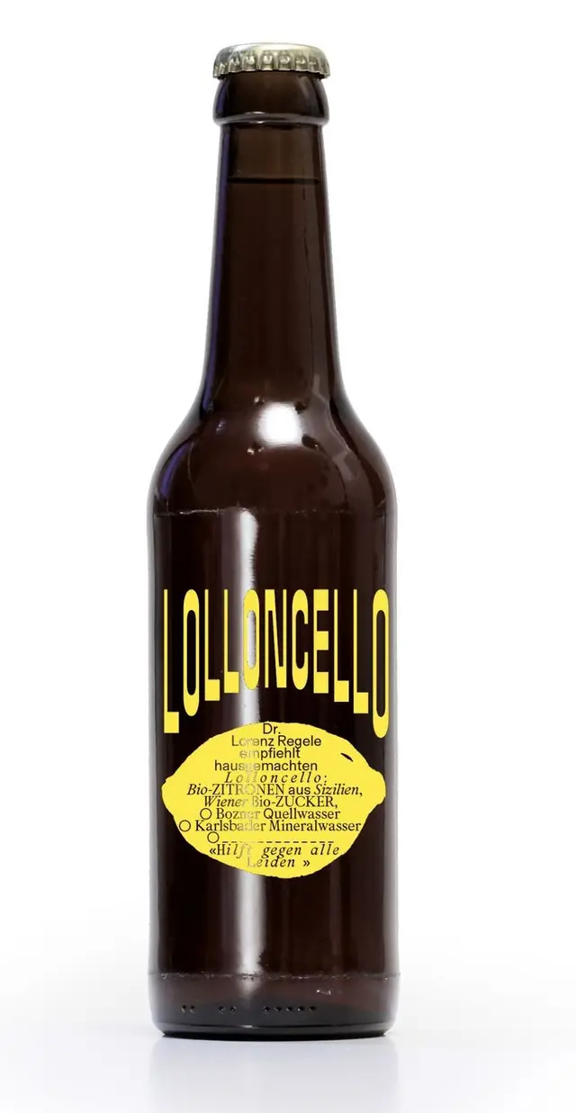 Lolloncello lemon liqueur — brown glass bottle with vertical yellow wordmark