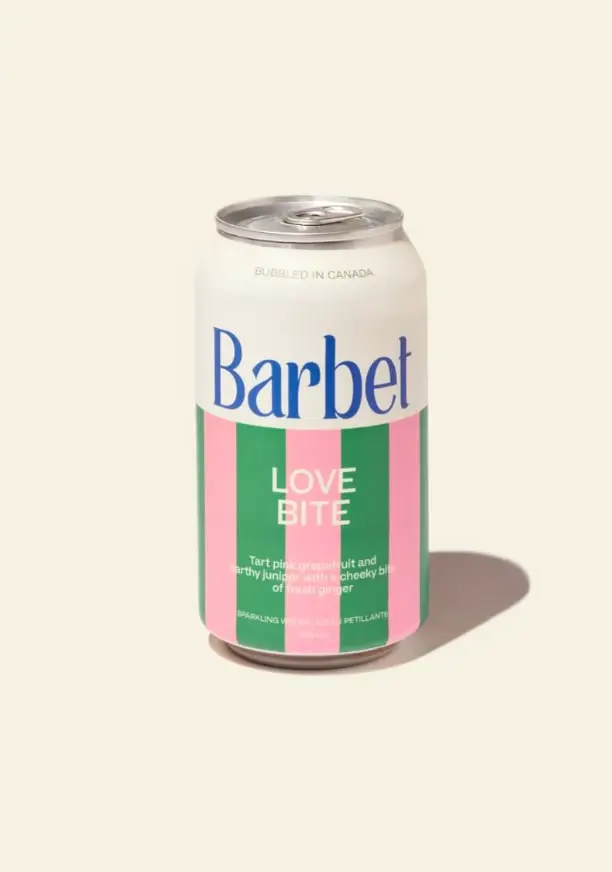 Barbet 'Love Bite' canned sparkling wine — pink & green striped can