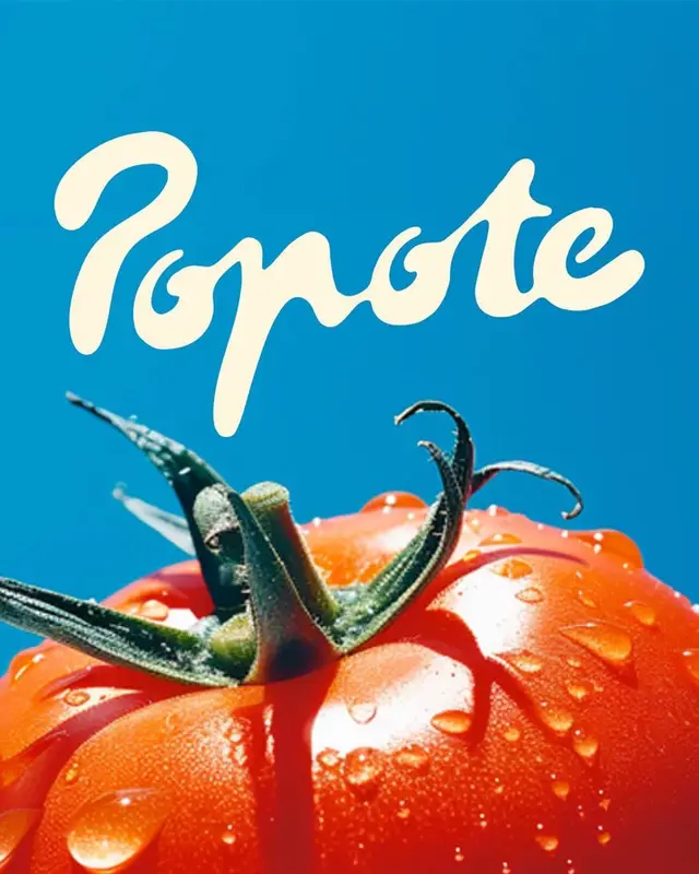 Close-up ripe tomato with water droplets and cream script 'Popote' on blue background
