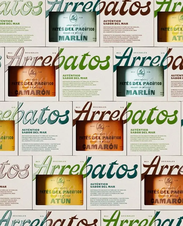 Arrebatos — Patés del Pacífico packaging grid (Marlin, Camarón, Atún)