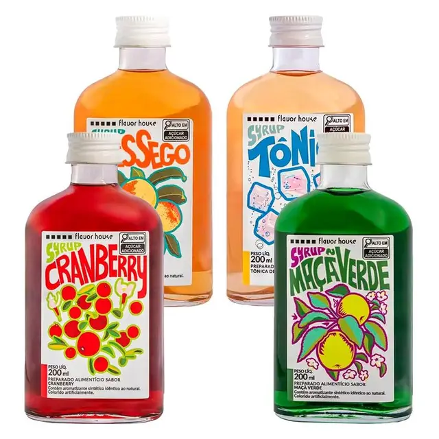 Flavor House syrup bottles — Cranberry, Maçã Verde, Pêssego, Tôni (200 ml)