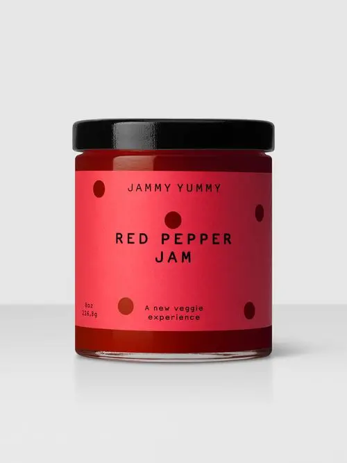 Jammy Yummy Red Pepper Jam — minimal pink label on glass jar
