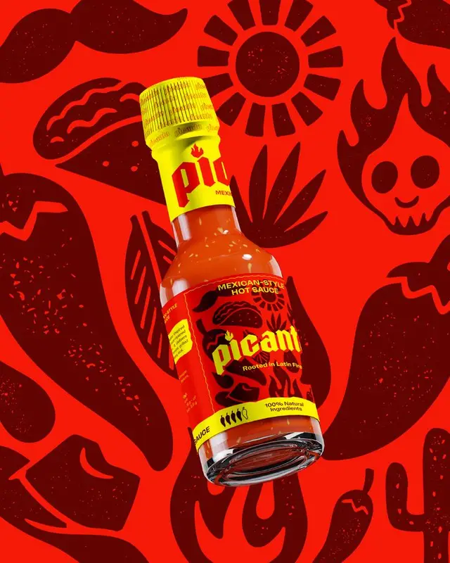 Mexican‑style hot sauce bottle with yellow cap on illustrated red background