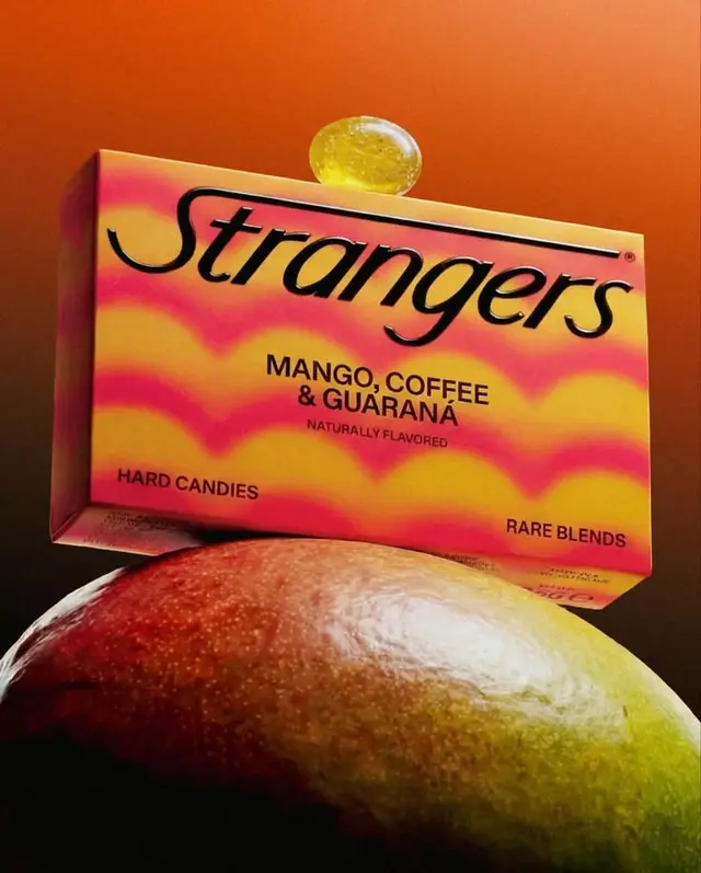 Strangers Mango, Coffee & Guaraná hard candy packaging on mango
