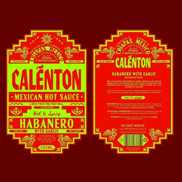 Calénton Mexican Habanero with Garlic — front & back hot sauce label (350ml)