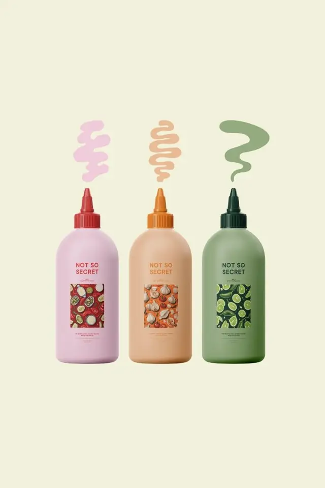 Three pastel squeeze bottles labeled "NOT SO SECRET" with ingredient-pattern labels