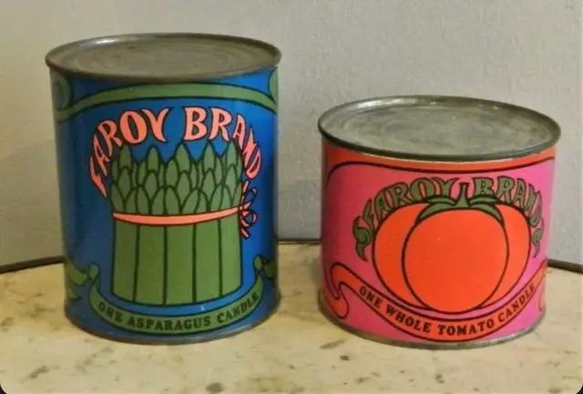 Vintage novelty tin candles with asparagus and whole tomato labels