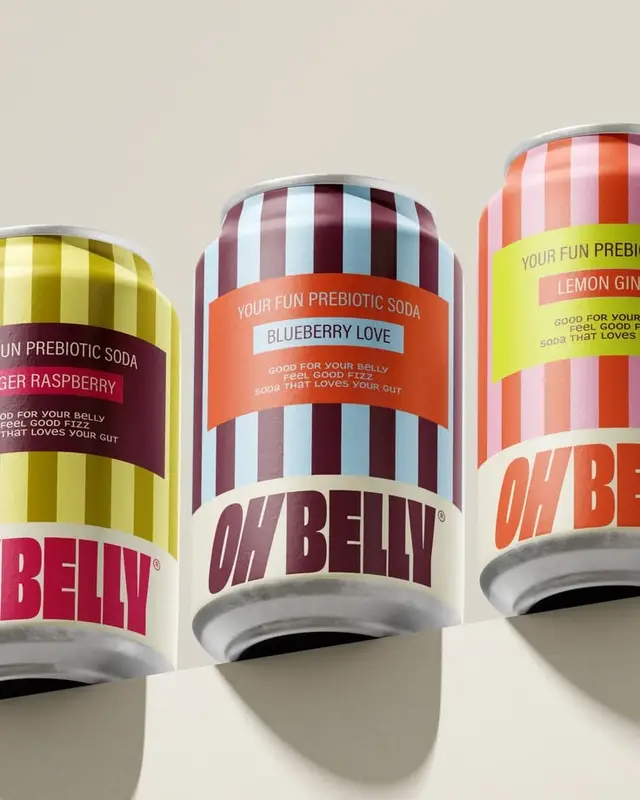 OH BELLY prebiotic soda cans — Blueberry Love, Ginger Raspberry, Lemon Ginger
