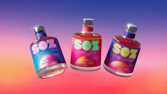 SOZ beverage bottles — neon gradient packaging mockup