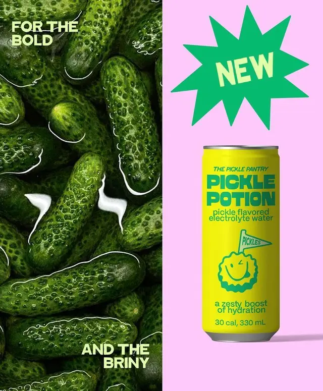 Pickle Potion canned electrolyte water ad — yellow can on pink with close-up pickles