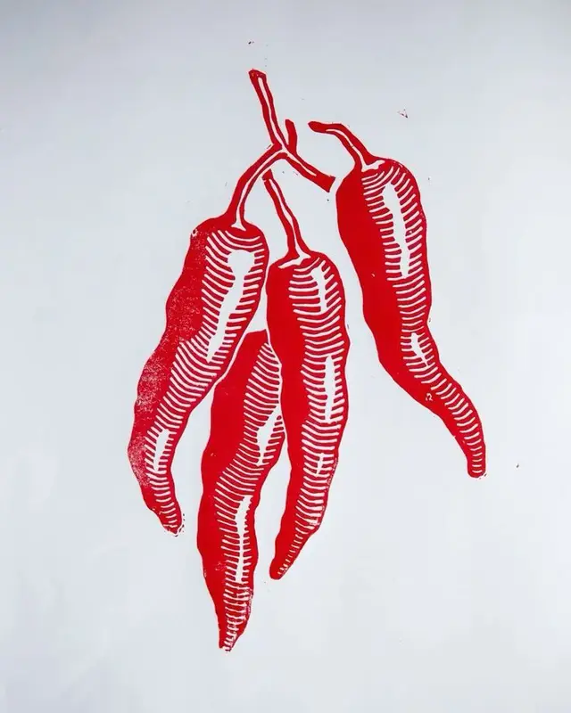 Red Linocut Print of Hanging Chili Peppers