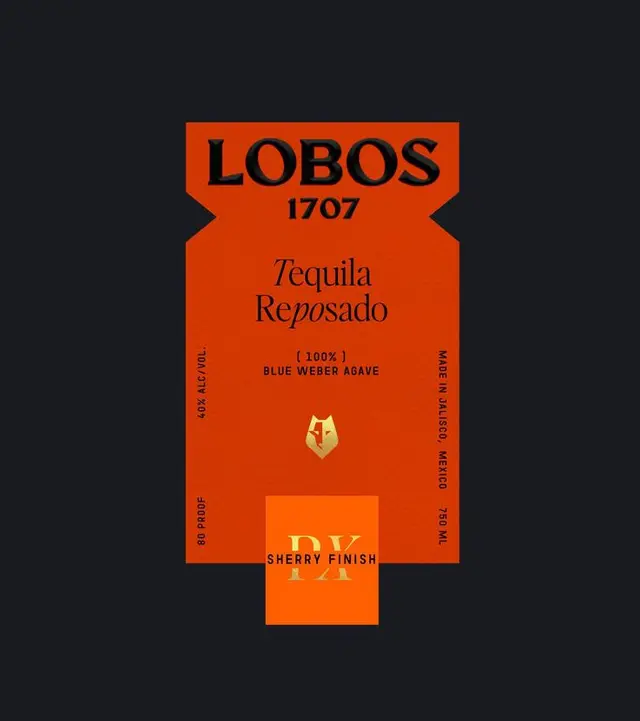 LOBOS 1707 Tequila Reposado label — orange & gold packaging design