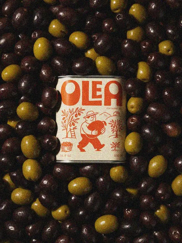 OLEA tin of olives — overhead still life