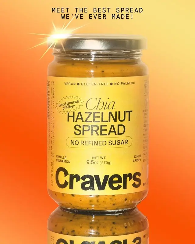 Cravers Chia Hazelnut Spread — No Refined Sugar jar on orange gradient