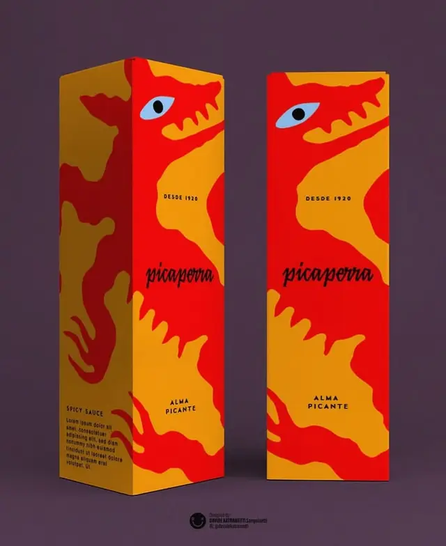 Picaperra "Alma Picante" hot sauce packaging — red & yellow abstract dragon boxes