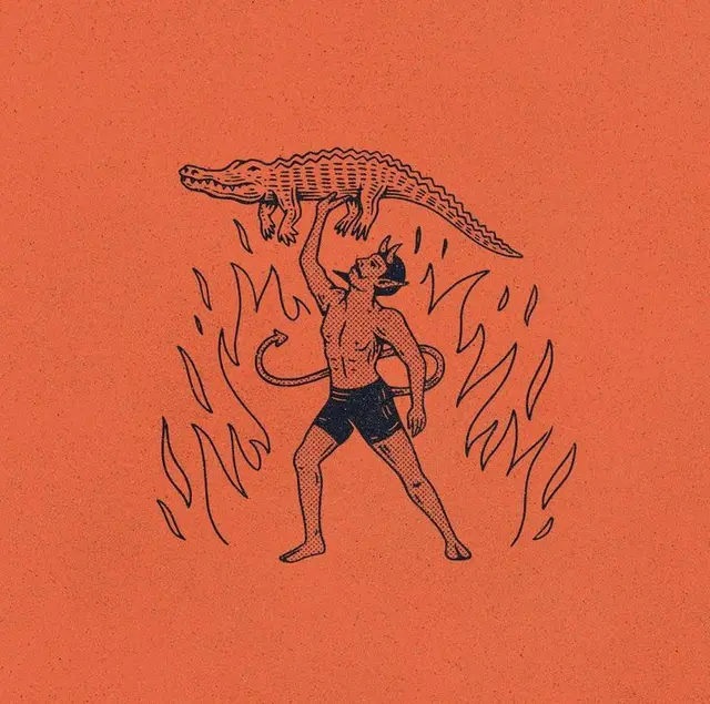 Devil Strongman Lifting Alligator — Vintage tattoo-style illustration