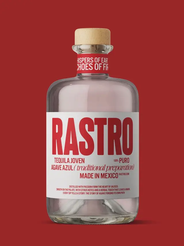 RASTRO Tequila Joven bottle — white label, bold red typography