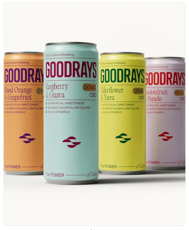 GOODRAYS CBD beverage can lineup — pastel flavored cans (Raspberry & Guava, Elderflower &Y
