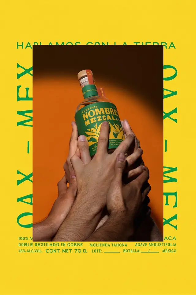 Green‑labeled mezcal bottle held by multiple hands on yellow poster