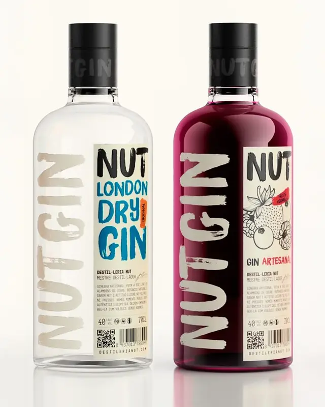 NUT — London Dry and Artesanal gin bottles, product packaging photo