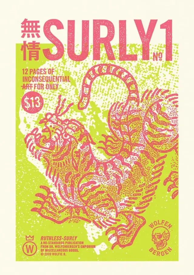 Surly No.1 zine cover — magenta tiger on chartreuse risograph