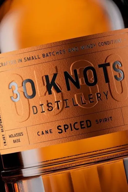 30 KNOTS Distillery — Cane Spiced Spirit bottle close-up