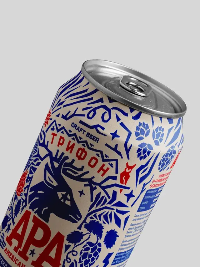 Трифон APA craft beer can with blue stag and hop illustrations