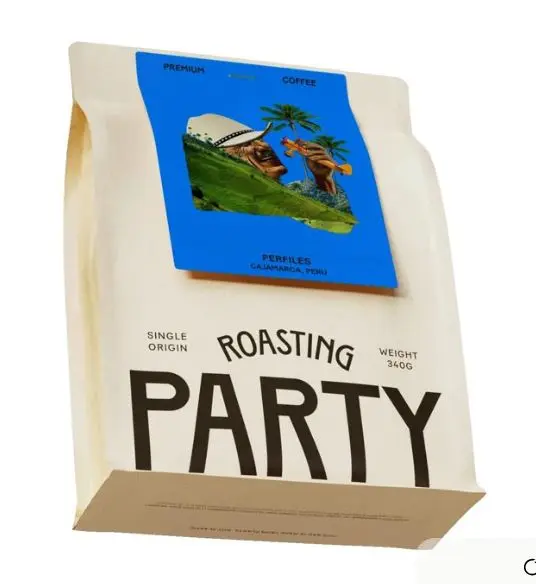 Roasting PARTY single-origin coffee bag — 340g with blue illustrated label