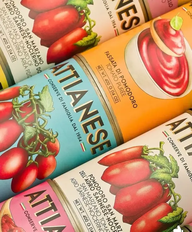 Colorful Italian passata cans with illustrated San Marzano tomato labels